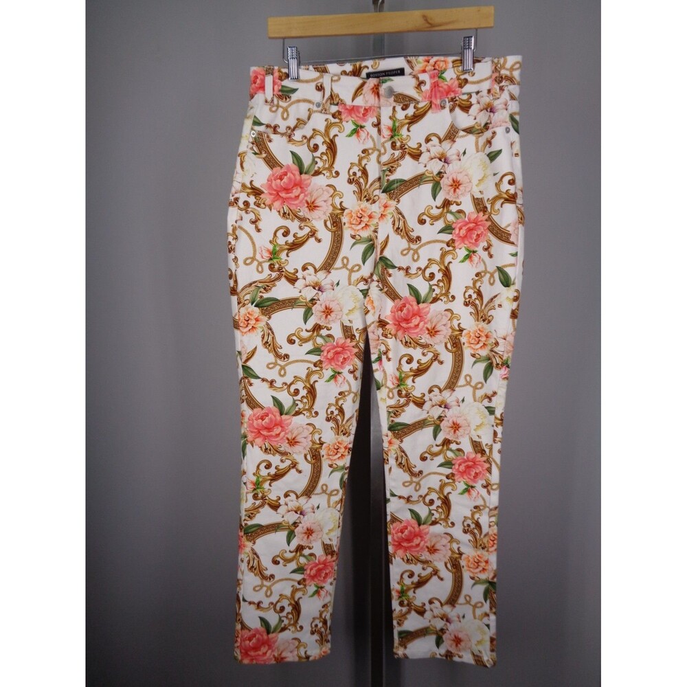 Boston Proper Status Print Slim Straight Leg Jeans Floral Fleurs Size 14